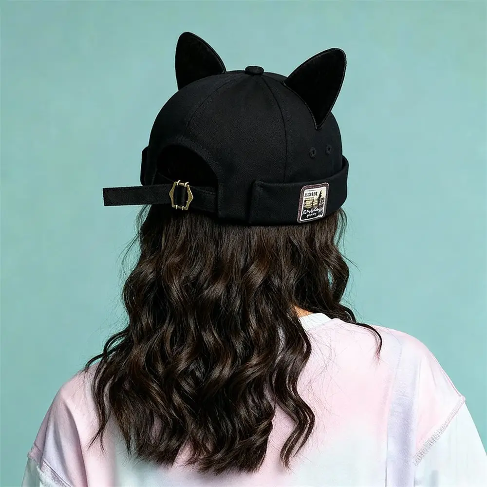 Retro Style Cute Cat Ears Brimless Hat Adjustable Hip Hop Melon Docker Cap Rolled Cuff Solid Color Retro Skullcap Outdoor Daily
