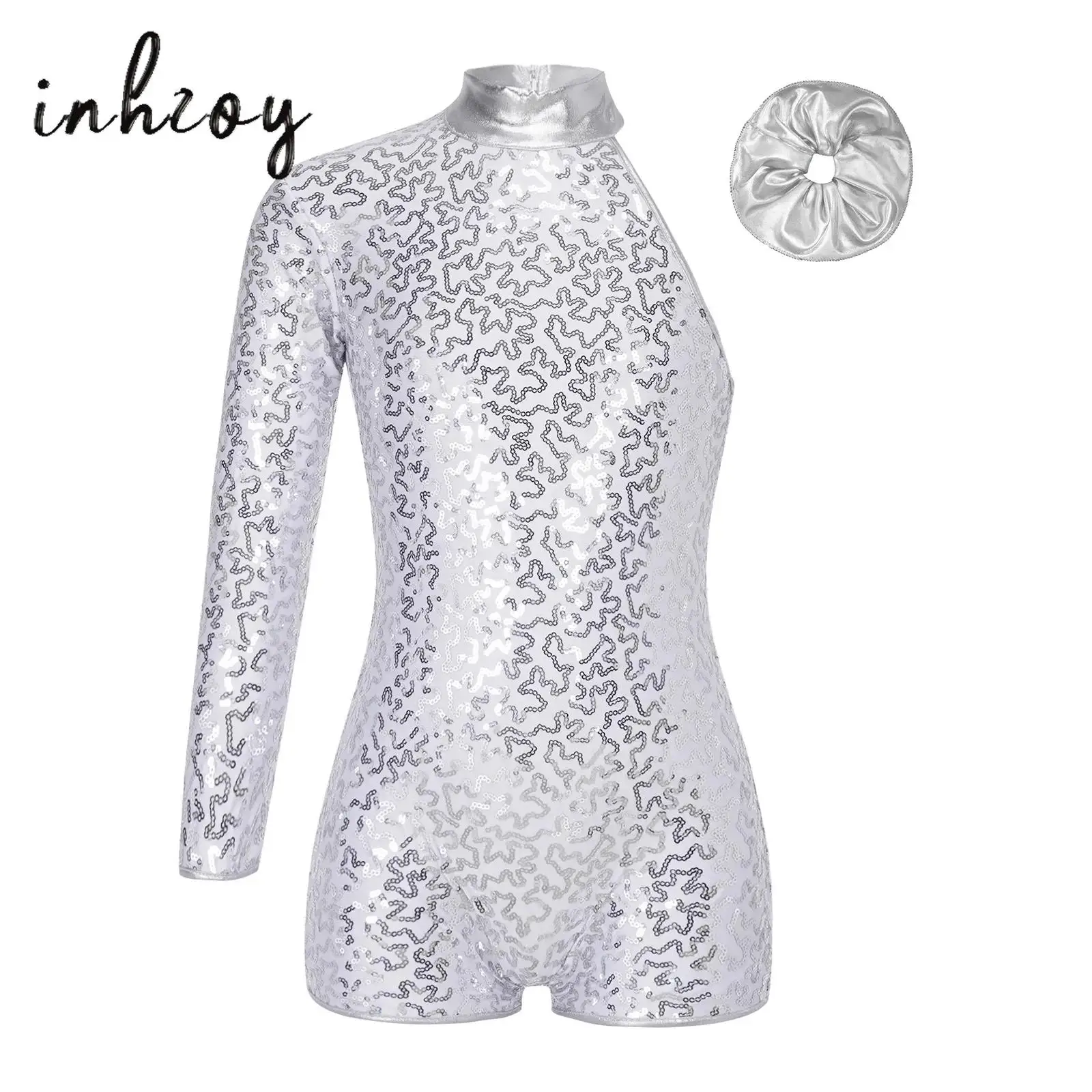 

Kids Girls Jazz Dance Jumpsuit Asymmetric One Shoulder Long Sleeve Shiny Sequins Dance Leotard+Hair Band Outfit Ballet Dancewear