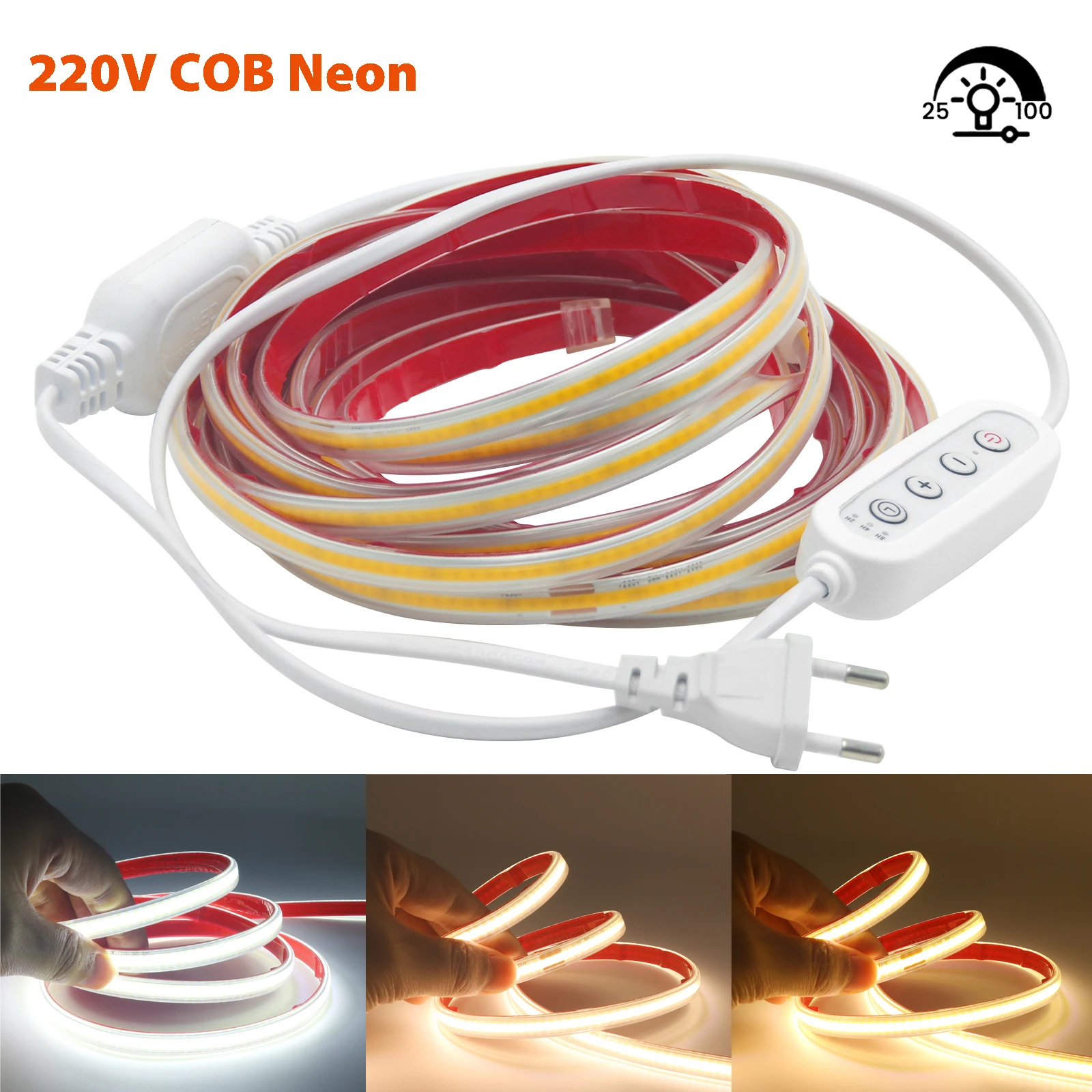 

Светодиодная лента COB 220В с регулировкой яркости, 288 светодиодов/м, с вилкой EU/UK, для наружного и внутреннего использования, неоновая световая лента на клейкой основе для освещения спальни и кухни