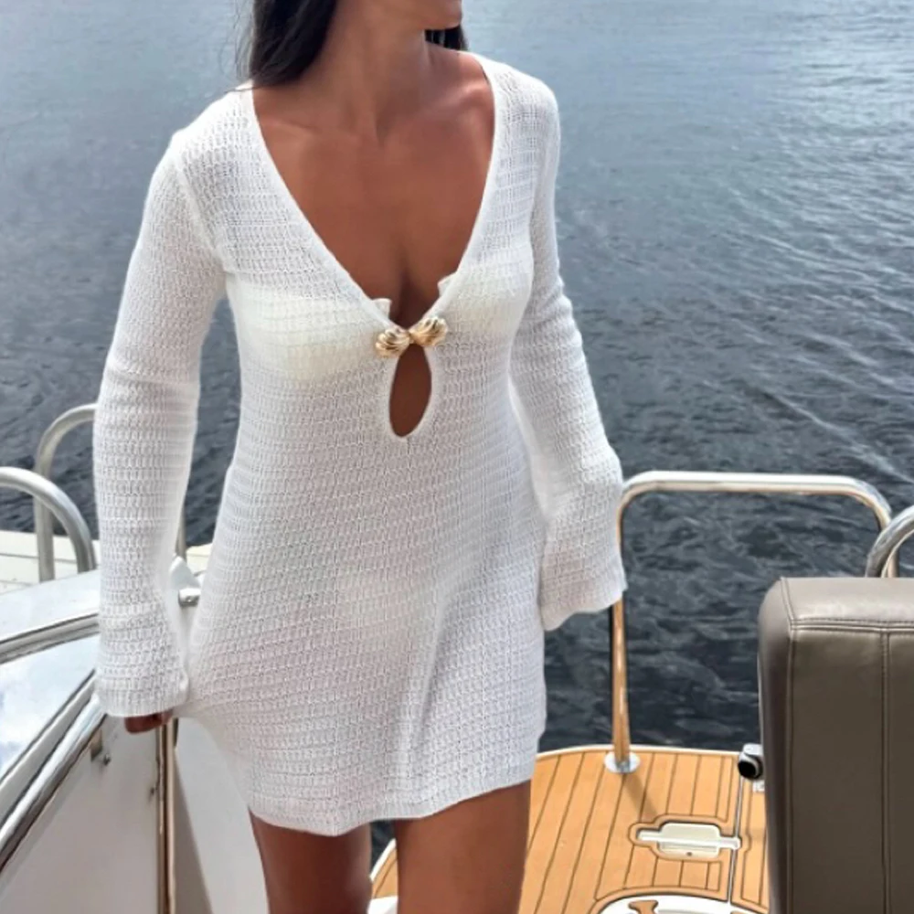 Strandurlaub Pool Party Mode Kurzer Stil Cover Up Kleid, Muscheldekoration Stricken Hollow Out Langarmkleid