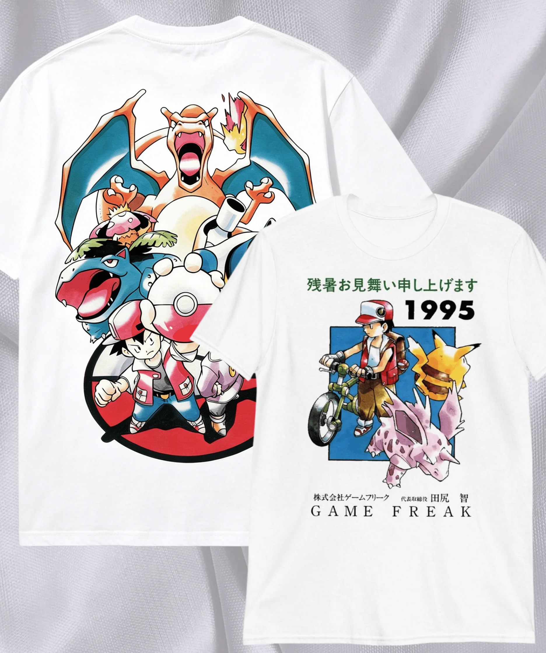 Neueste Pokémon 1995 Retro Erste Generation Drei Familienfiguren Lose Baumwoll-Kurzarmshirts für Erwachsene und Kinder