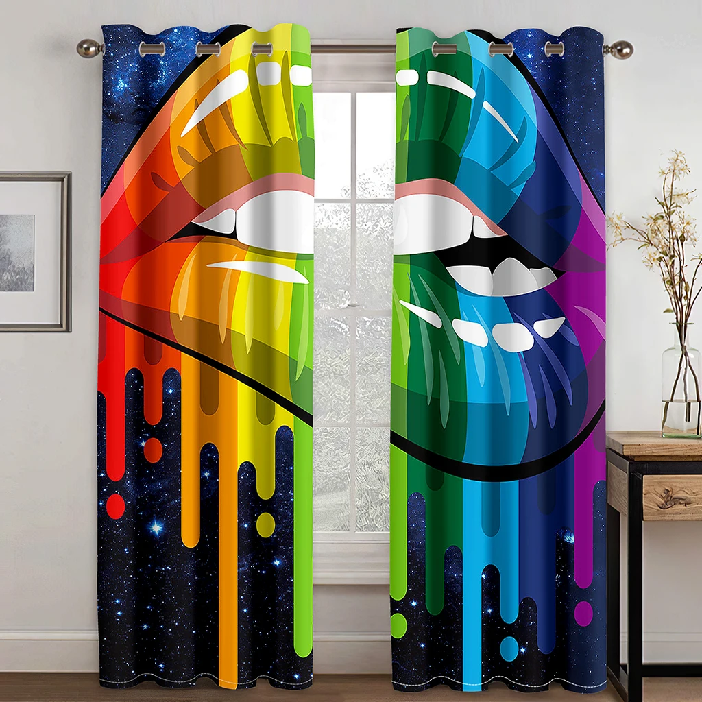 

Sexy Red Lips Rainbow Abstract Art Mouth Girl Light Filtering Drapes Window Curtains for Living Room Bedroom 2 Pieces Decor