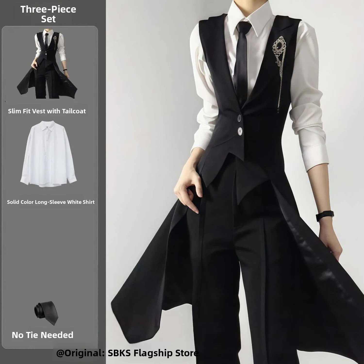 Black Mid-Length Vest Set Men's Spring Autumn High-End Feeling Tailcoat Jacket Slim Neutral Style Swallowtail Suit
