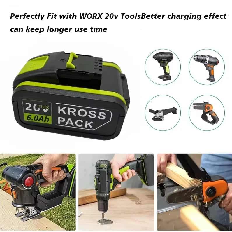 Used for WORX WA3553/WA3551 20V6000mah Cordless Power Tool Battery WA3572 WA3553 WX390 WX176 WX178 WU268 Backup Battery+charger