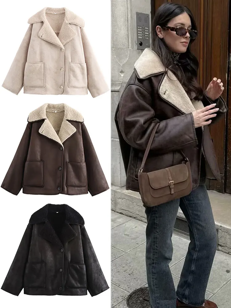 HH Autumn Winter Women Warm Faux Leather Jacket Single Breasted Long Sleeve Lapel Pockets Coats Female Casual Fleece Outerwear