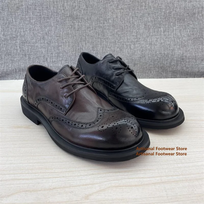 Carving Brogue Shoes for Men British Style Casual Big Round Toe Leather Shoes Thick-Soled Lace Up Cowhide Formal Men's Shoes