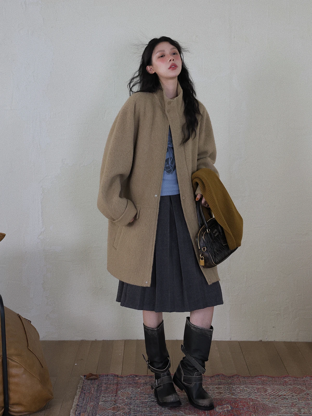 

DR Su Li Alpaca Wool Retro Stand Collar Mid-Length Double-Sided Camere Coat Women's Tweed Outerwear Thiened Winter Long S...