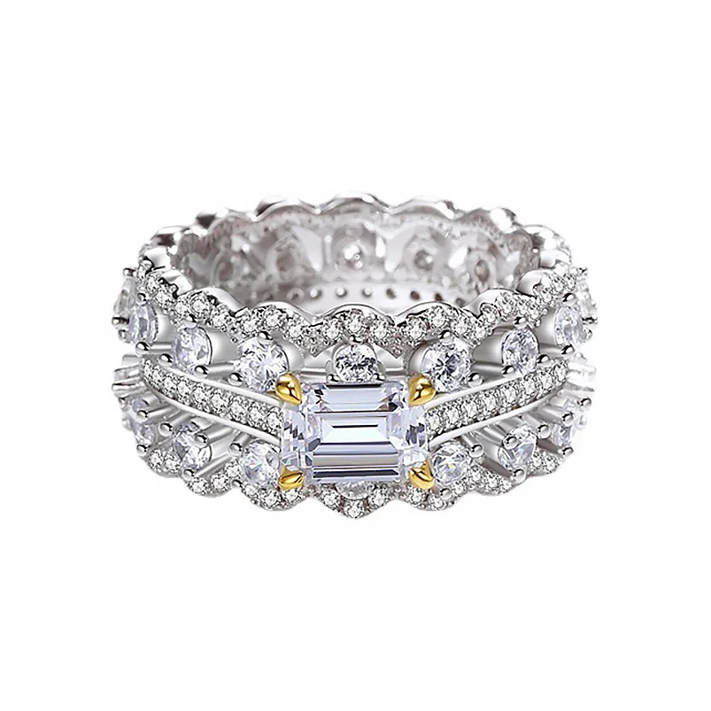 Luomansi Super Flash 1CT Rectangular Moissanite Wide Ring with with Certificate S925 Silver Jewelry Wedding Party Gift
