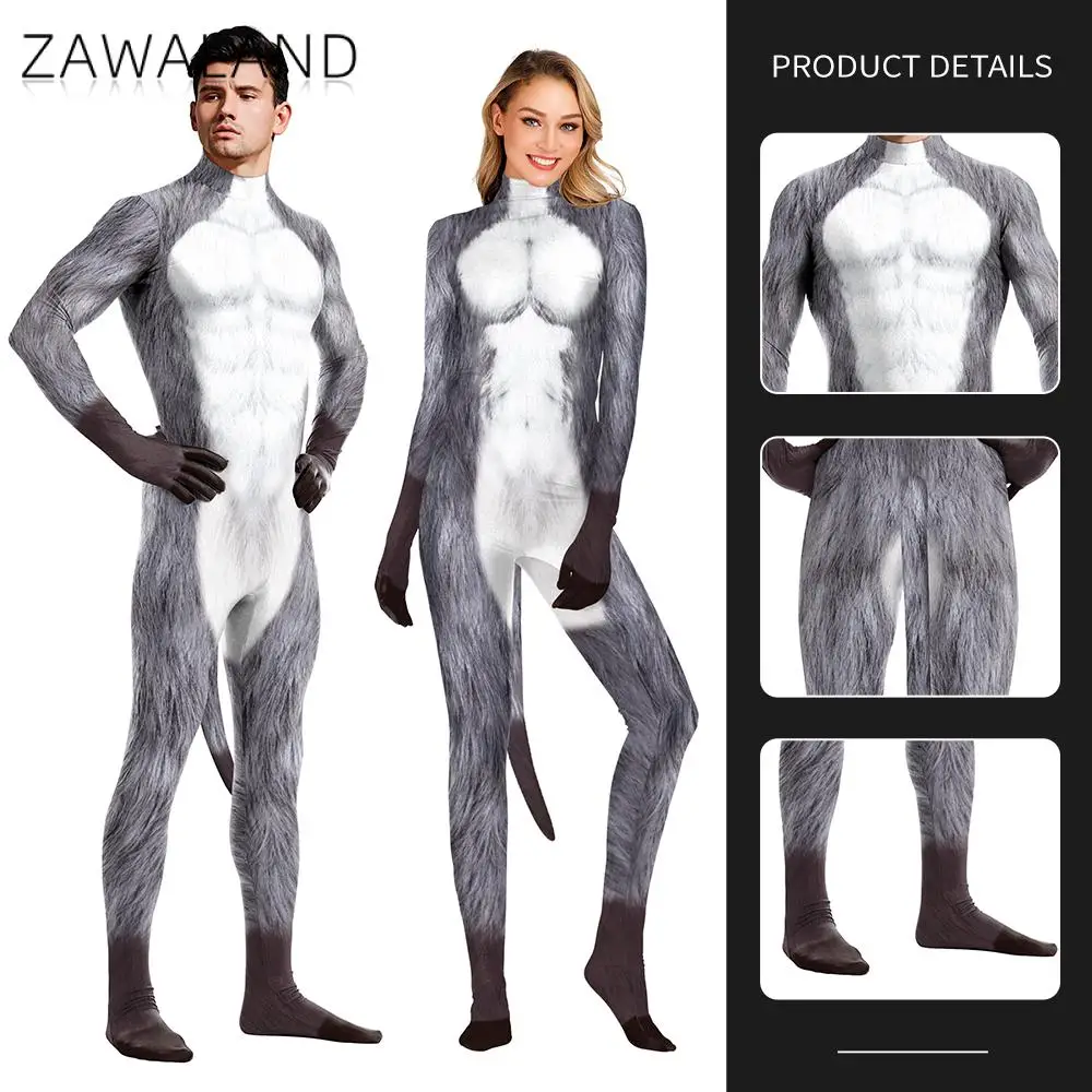 Zawaland Animal Petsuit Costume with Tail Man Woman Carnival Disguisement Clothes Dog Cosplay Jumpsuit Adult Zentai Bodysuit