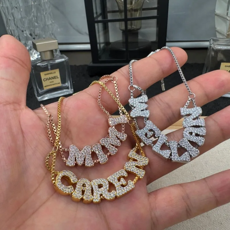 

Персонализированный браслет Pavé Bubble Slider с индивидуальным именем для женщин, регулируемые начальные буквы, ювелирные изделия, двойная цепочка, рождественские подарки