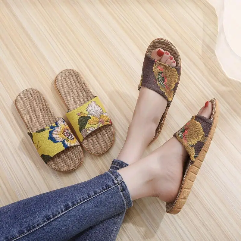 المرأة الصيف وصول جديد الكتان النعال داخلي المنزل المضادة للانزلاق تنفس العرقية نمط الأزهار الكتان مريح الشرائح #3