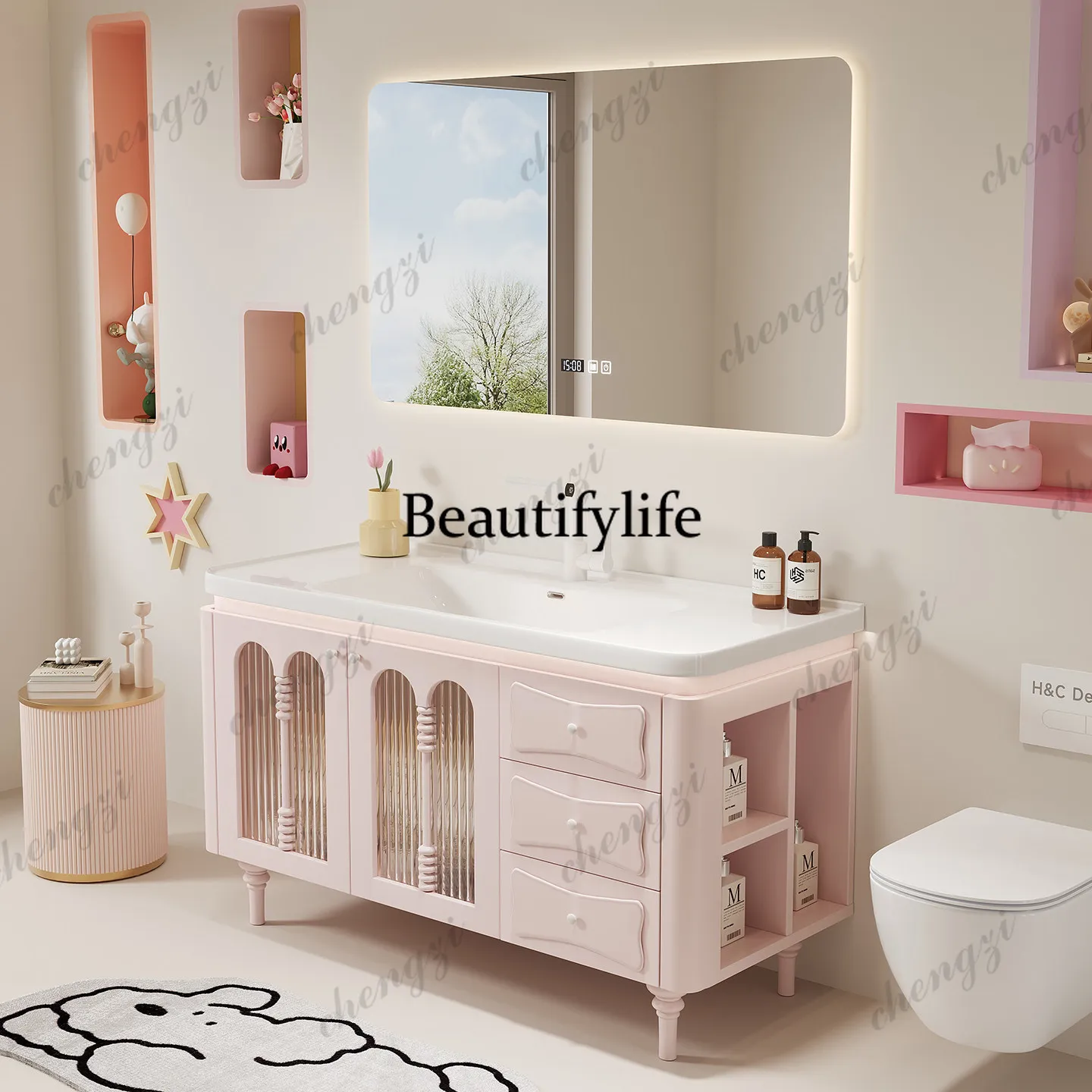 French Oak Bathroom Cabinet Combination Bathroom Floor-to-ceiling rock slab washstand Hand basin Bathroom
