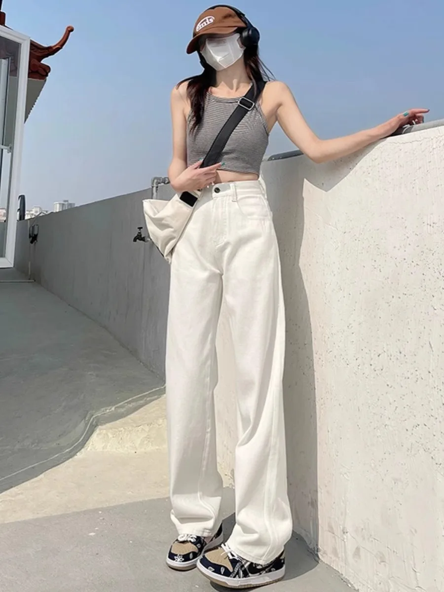 White High Waist Drapey Wide Leg Denim Jeans Women's Loose Fitting Slimming Straight Floor-Length Pants Spring Summer New Design