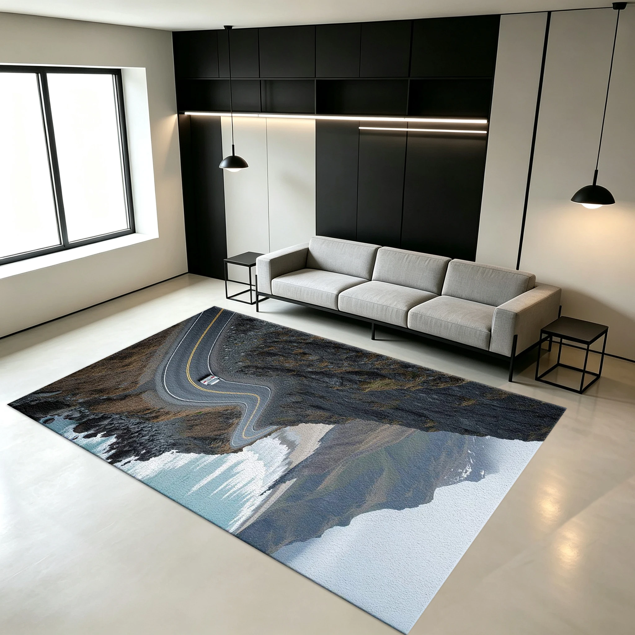 Coastal Cliff Winding Road, Sea Wave Scenery, Carpet Floor, Non-Slip Floor Mat