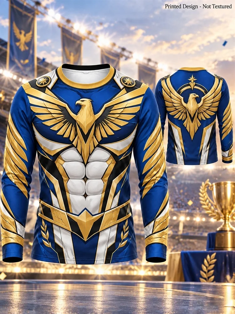 Men's Patriotic Eagle Armor Long Sleeve T-Shirt Blue Gold White Muscle Chest Graphic Pullover Tops Gift New Hot Trendy Style