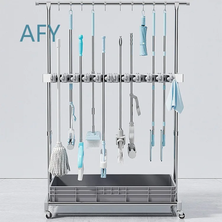 All Stainless Steel Floor to Ceiling Mobile Mop Rack for Cleaning Tools Storage Hanging Mop Broom Organizer Double Rod High