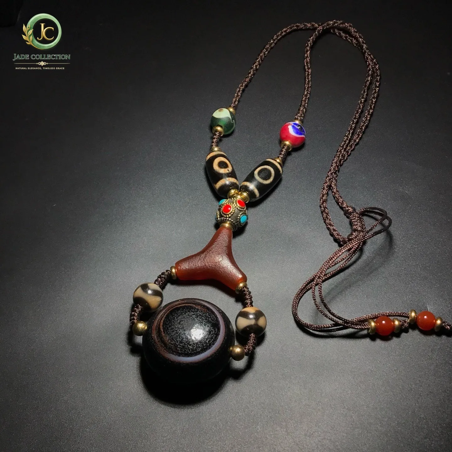 Tibetan Natural Old Agate Dzi Sky Eye Bead Amulet Necklace J0529