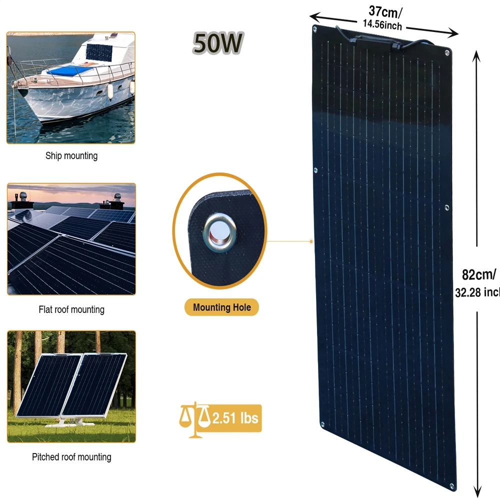 18V Flexible Solar Panel 50W 100W 120W Monocrystalline 12 Volt PV Panel Solar Charger for light home Lithium lead acid battery