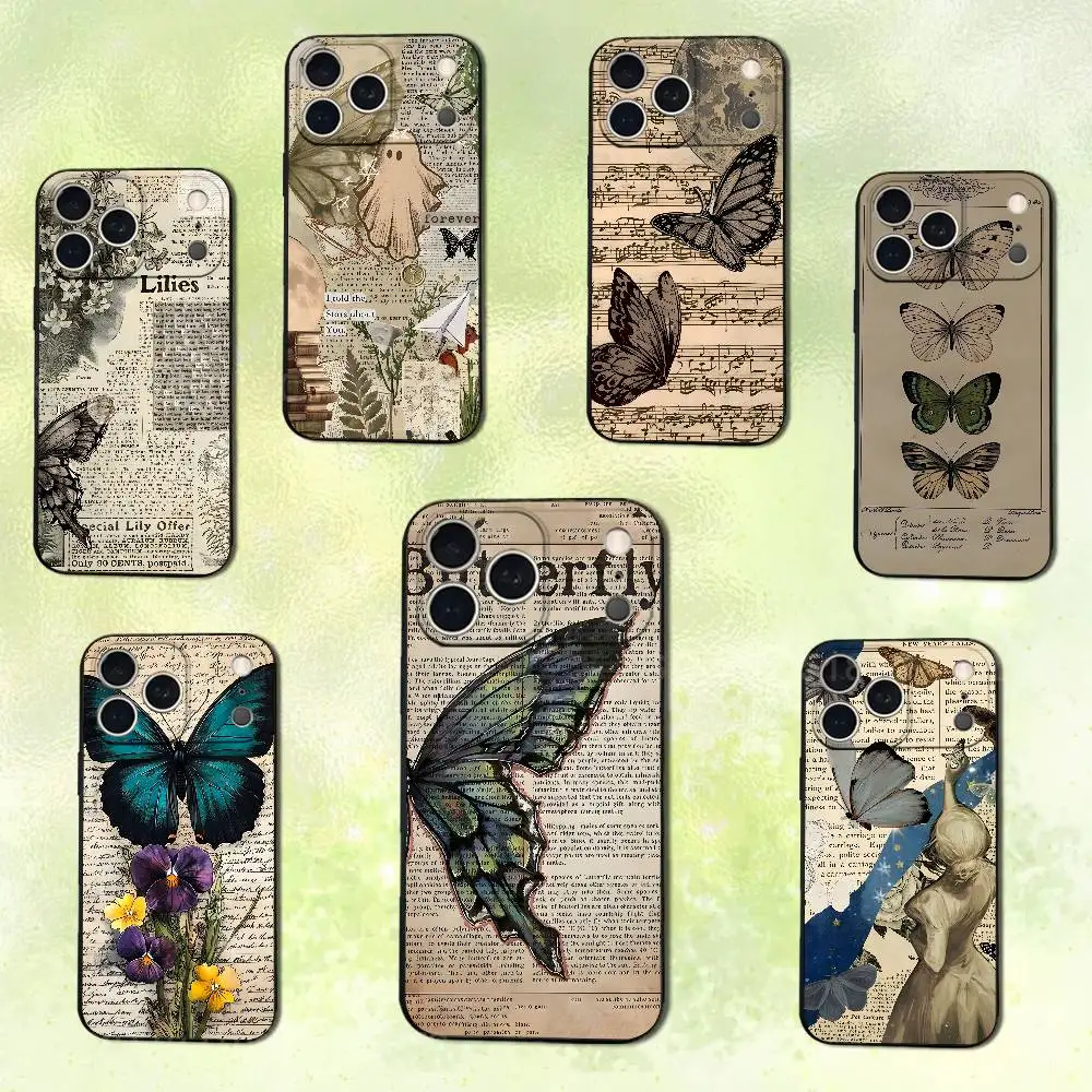 

Retro Art Butterfly INS Case For iPhone 14,13,17,12,11,16,15,Plus,Pro Max,XS,X,XR,SE,Mini,Soft Silicone Black Cover