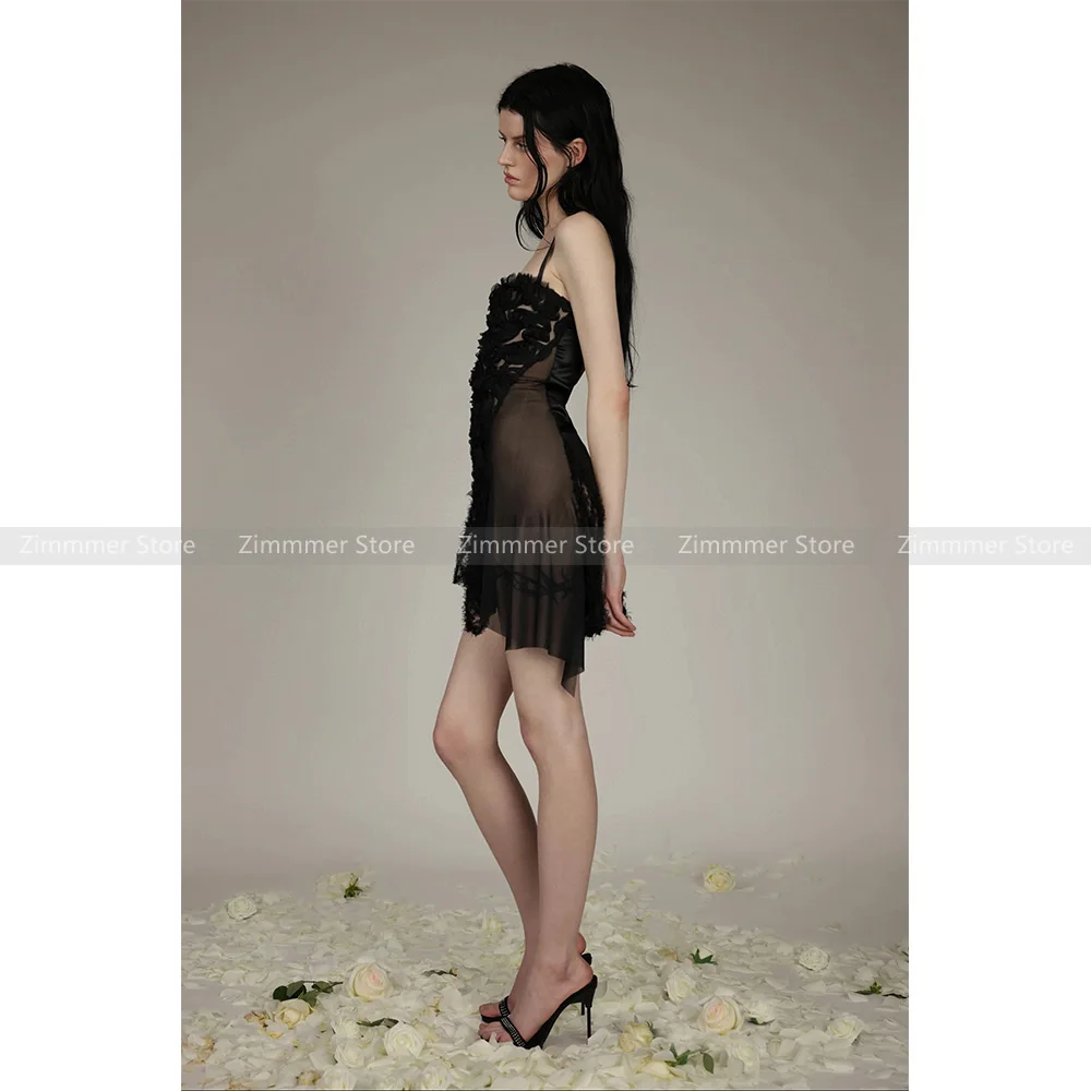 High quality! 2024 summer new black lace V-neck black gauze mesh halter mini short dresses