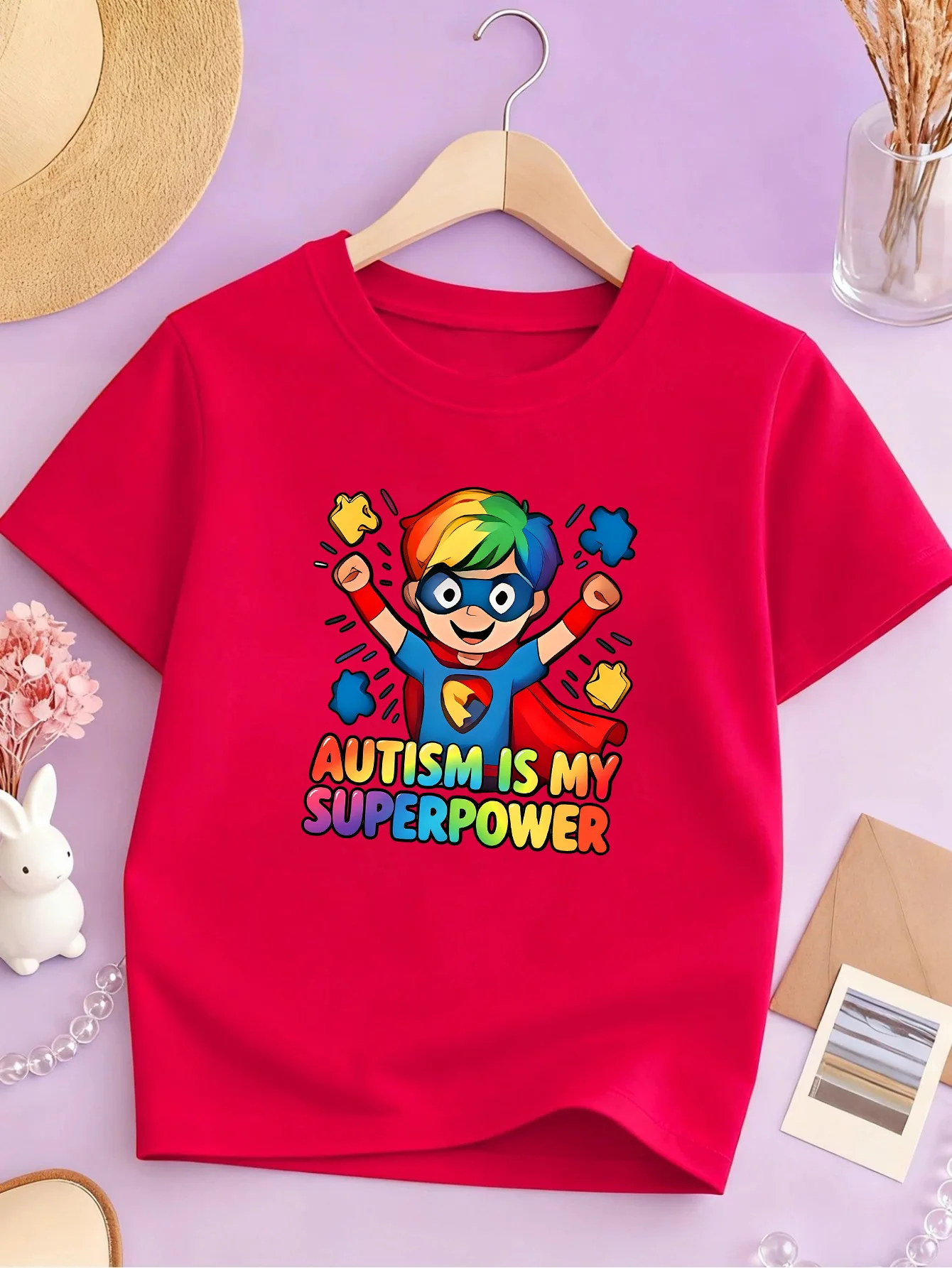 Rainbow Superhero Autism Slogan Print Kids T Shirt Boys Girls Cotton Short Sleeve Parent Child Inspirational Casual Tee