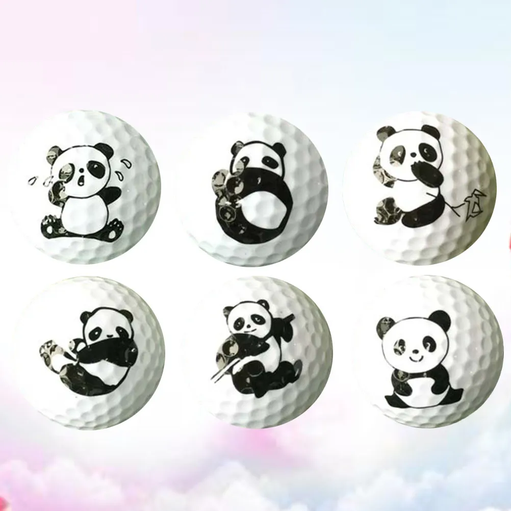 6Pcs Bright Color Cartoon Panda Pattern Golf Training Balls Soft Flexible Light Weight Synthetic Rubber Practice Ball for Home