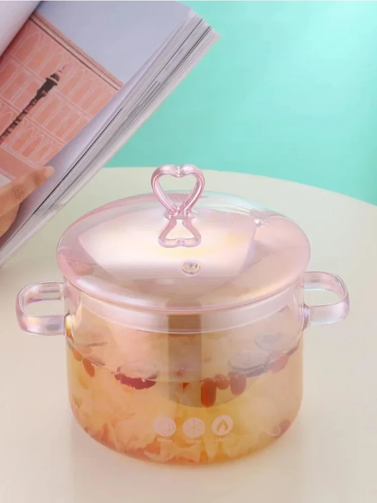 Pink Glass Pan 1.5L High Borosilicate Stew Pot with Two Handles Transparent Soup Pot Love Design Romantic Cookware