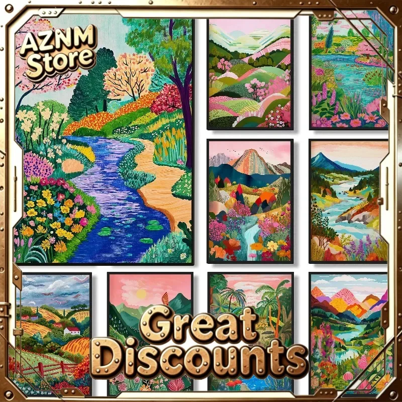 Abstract Colourful Tropical Landscape Poster Mountain River Plant Tree Beautiful Scenery Canvas Painting Wall Art Room Home D