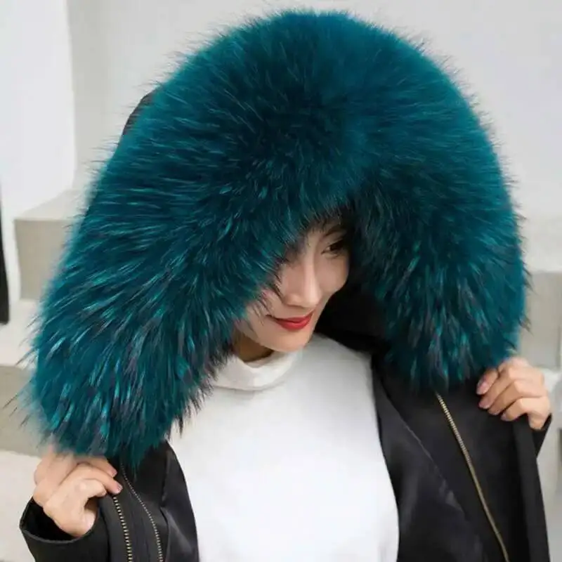 Raccoon Fur Collar Winter Hood Fur Decor Trims 100% Natural Fur Scarf Luxury Fur Shawls For Jacket Coat Furry Large Size Collar