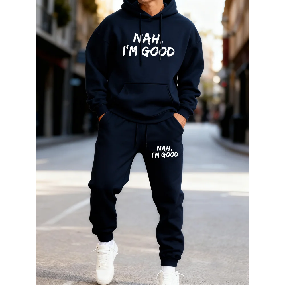 

Nah i'm Good - Men's printed hooded sweatshirt set, comfortable two-piece fashionable set, running sports pants, wool streetwear