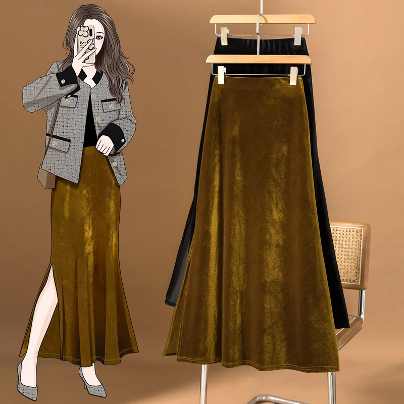 

High-End plus Size Women's Faion Spring Autumn New Velvet A-Line Skirt Bodycon f-length Skirt Commute Artistic Sle