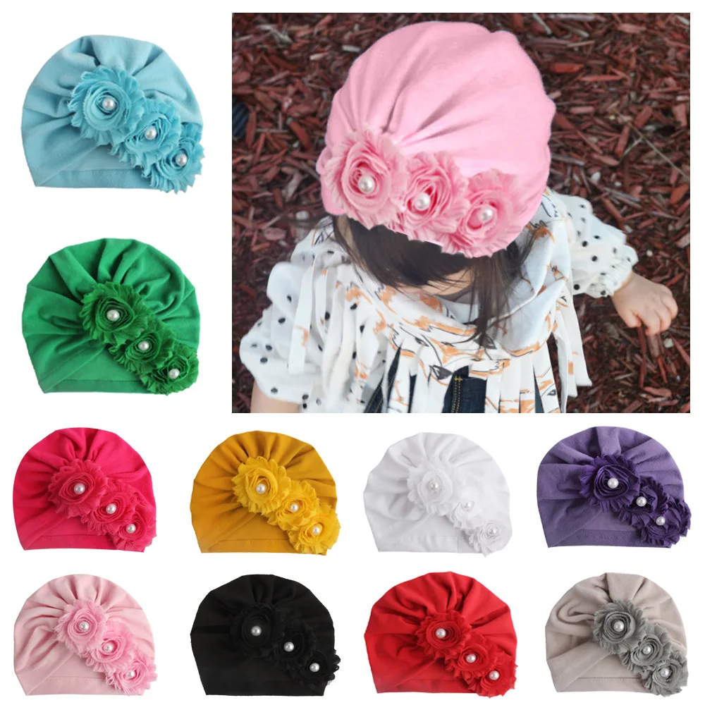 New Infant Newborn Caps with Pearl Chiffon Flowers Cotton Blend Kont Turban Girls Stretchy Beanie Hat Baby Hair Accessories