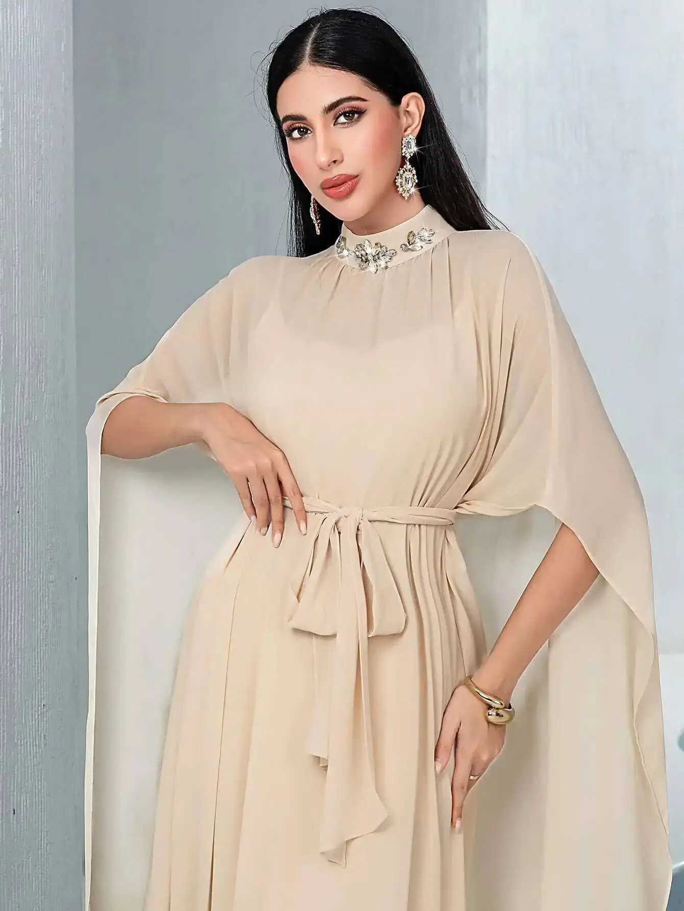 

5068m Ba Color Half High Neck Strap Two-piece Chiffon Dress Dubai Party Dress Robe Abaya Ramadan Dubai Luxury Islam Elegant