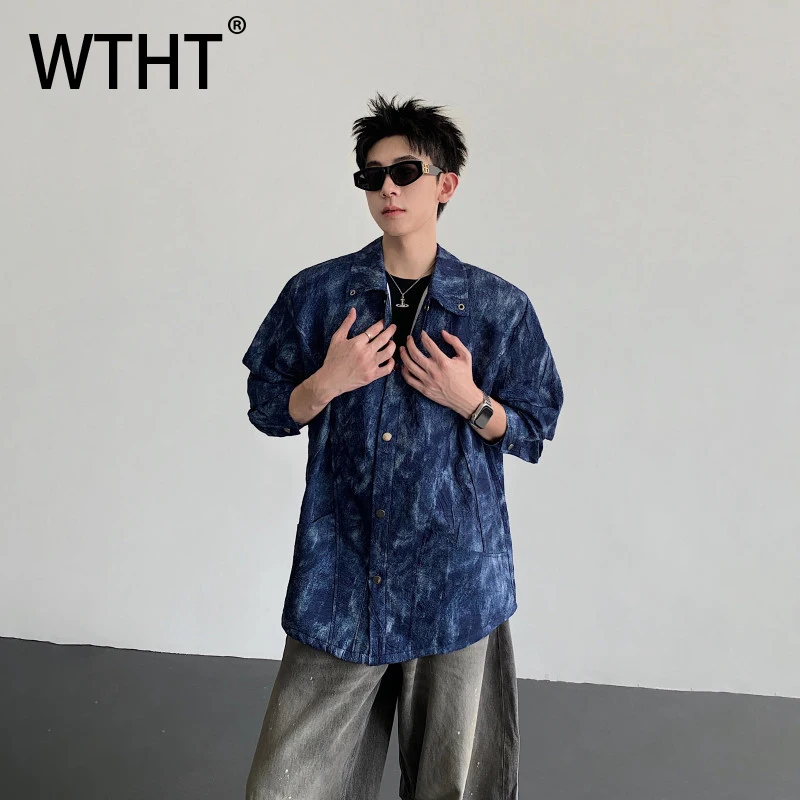 WTHT Trendy 2026 Spring Men's Tie-dye Shoulder Pads Denim Shirts Fashion Lapel Single Breasted Coats Male 2A2625