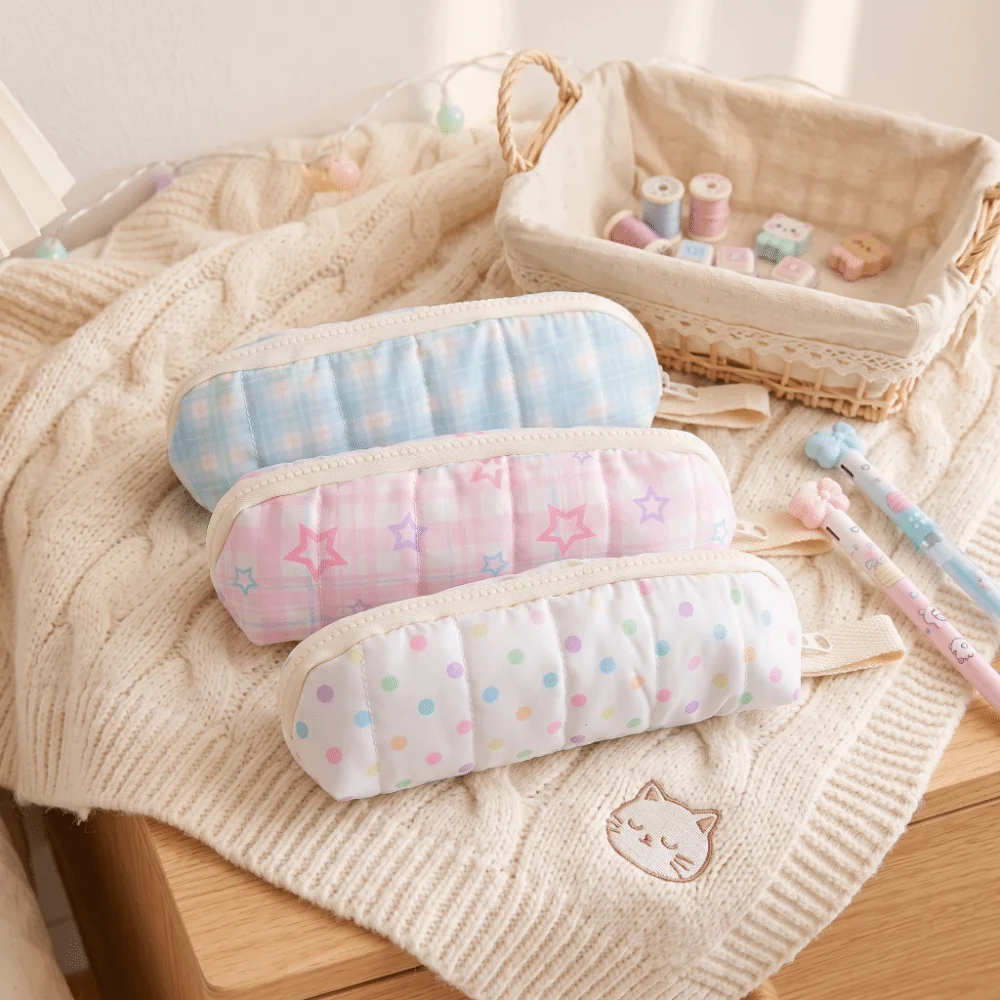 Simple Lattice Pencil Case Multifunctional Large Capacity Stationery Bag Cute Zipper Pen Box School
