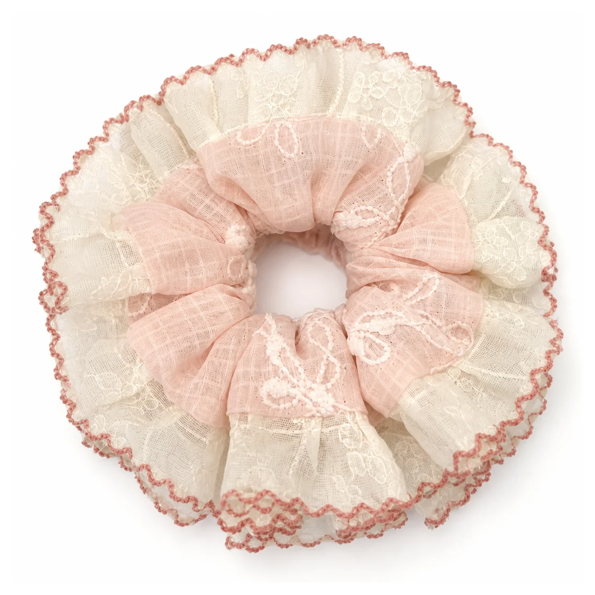 dusty-blush-warm-ivory-embroidered-ruffled-double-layer-hair-scrunchie-with-wavy-edge