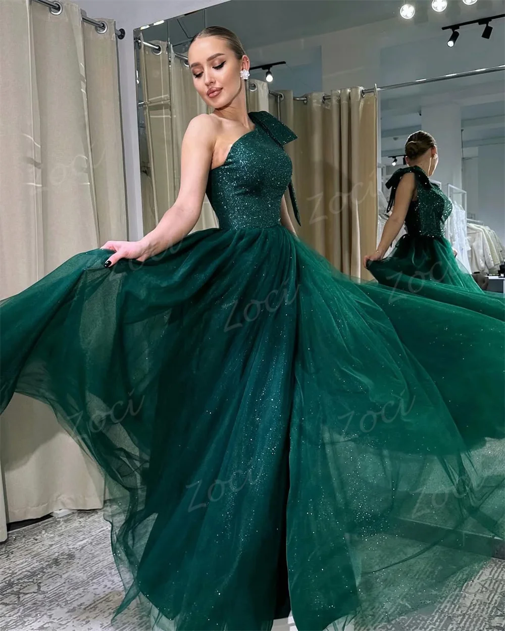 Zoci مخصص الأخضر الداكن لامعة تول فساتين لحضور الحفلات الموسيقية كتف واحد بلا أكمام فساتين الحفلات المسائية عالية الشق فستان الزفاف للنساء