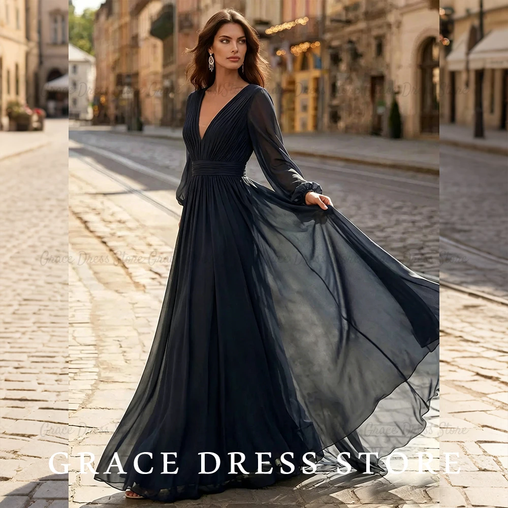 

Grace Women's Wedding Party Attire A-line V-neck Lace Chiffon Wedding Guest Dresses Long-sleeves Sweep Evening Gowns Customized