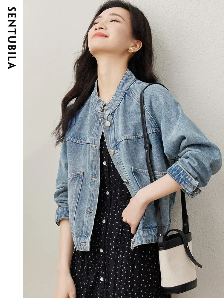 SENTUBILA Cropped Denim Jacket Coat For Women 2025 Spring Casual Stand Collar Long Sleeve Cotton Jeans Jackets Outwear W33W50369 - Image 4
