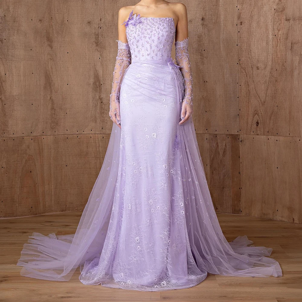 Customized Delicate Tulle Straight Detachable Sleeve Appliques and Pearls Evening Dress Strapless Lace Up Back Panel Train