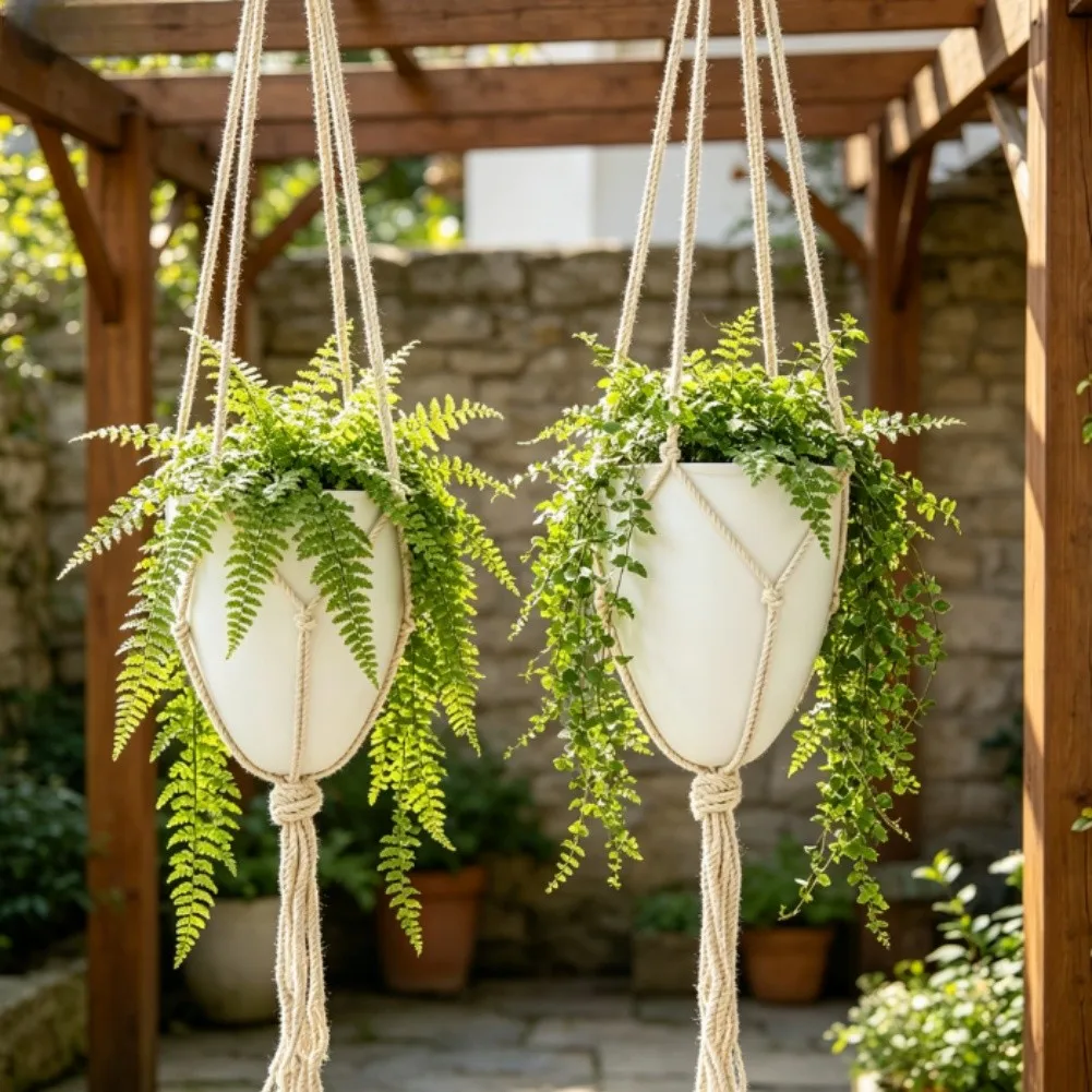 2PCS Macrame Rope Hanger for Flower Pots with Self-Watering and Egg-Shaped Profile for Space-Efficient For Indoor Use