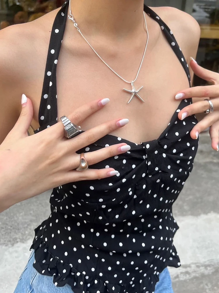 Nibber Polka Dot Print Tops Women Halter Low-Neck Bandage Ruffles Backless Sleeveless Skinny Fashion Street Versatile Vest