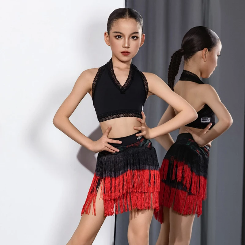 

2025 New Latin Dance Performance Clothing For Girls Black Vest Gradient Tassel Skirts Outfits Chacha Rumba Latin Wear DQS19916