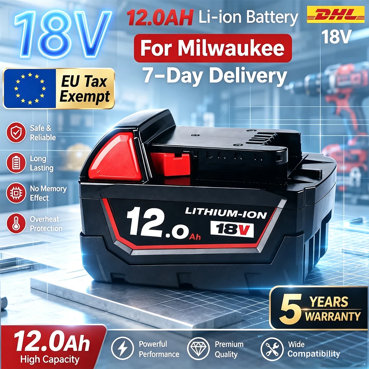 Image of 18V 12000mAh Lithium-Ionen-Werkzeugakku, Ersatz für Milwaukee M18 48-11-1860 48-11-1850 48-11-1840 Werkzeugakku für kabellose Werkzeuge – EU-Lieferung vor Ort