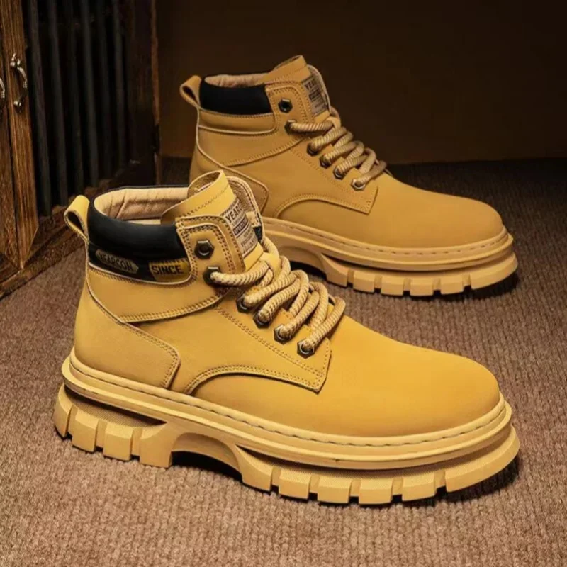 

Осенние модные коричневые рабочие ботинки для мужчин 2024, удобные мужские ботинки на платформе, модные кожаные ботинки с высоким берцем, мужская повседневная походная обувь