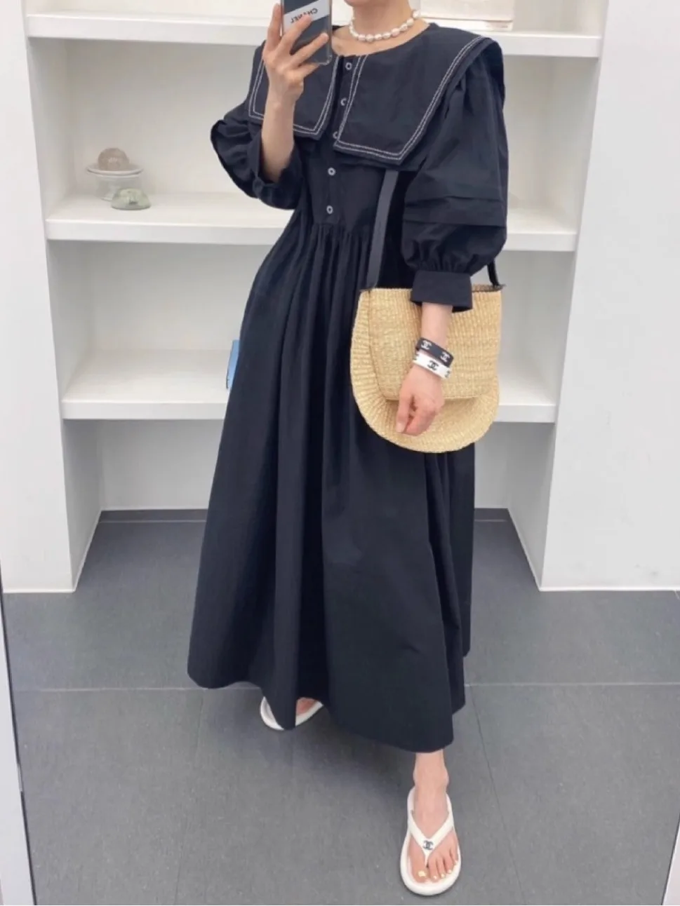 

Ele Summer Dr Chic Soft Blue Double Layer Navy Collar Single Button Lantern Sve Maxi Dr Women's Faionable Swin...
