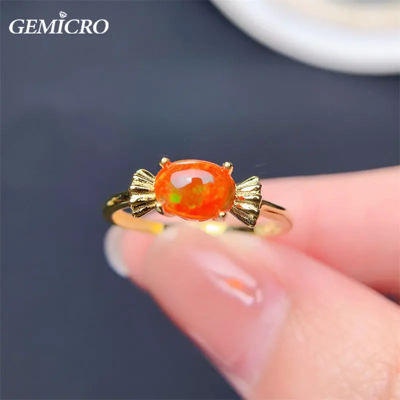 

Natural Mexican Fire Opal Candy Ring for Women with Sterling 925 Silver Lady Wedding Engagement Party Festival Gift Fine Jewelry