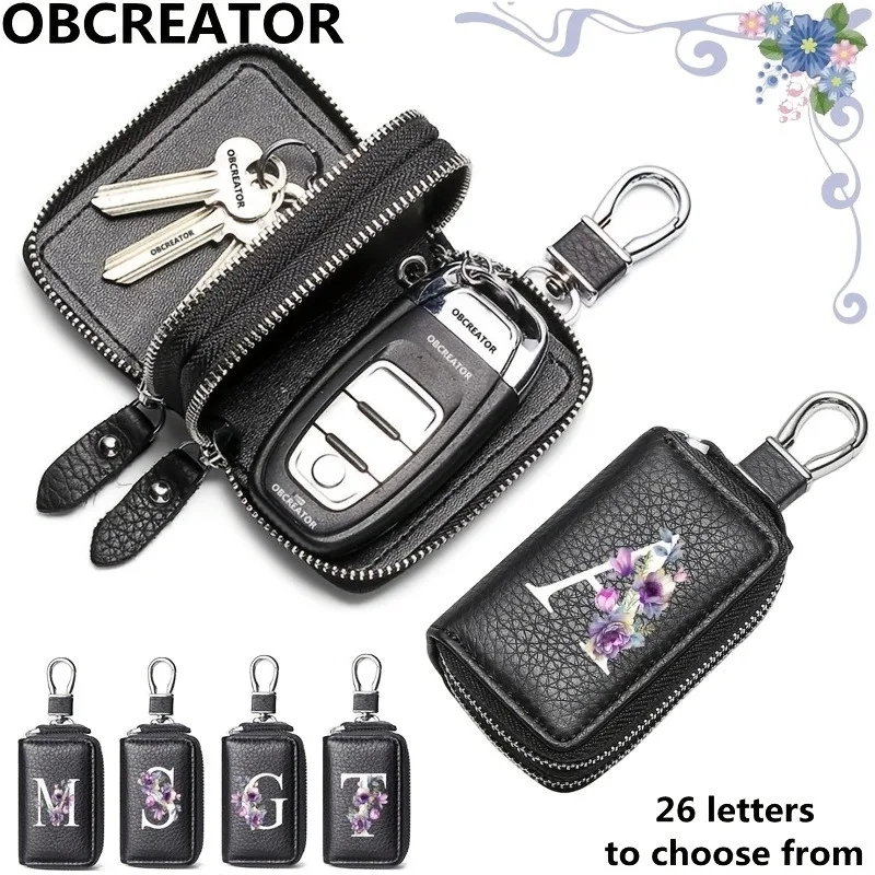 Double-layer key bag with white flowers and 26 letters, new product for men, PU convenient key storage bag, suitable for keys