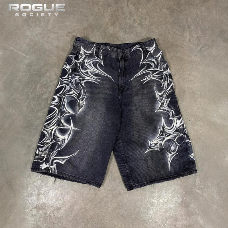 Summer Bermuda HipHop Y2k Baggy Men Jorts Gothic Graphic Print Distressed Wide Leg Denim Shorts Vintage Casual HighStreet Jeans
