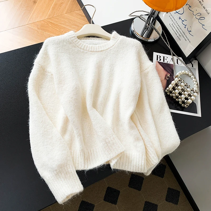 Sweter damski z dzianiny wełnianej z wysokiej półki na jesień 2025, okrągły dekolt, odkryte ramiona, jesienno-zimowy bazowy...